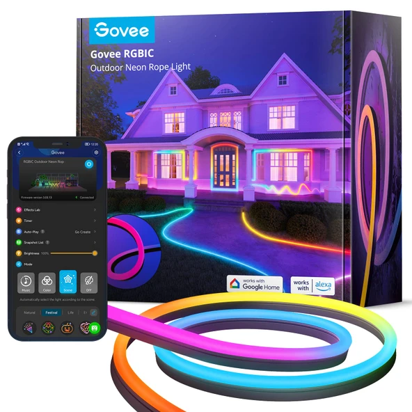 Govee Outdoort Neon Işıklar, 32.8ft RGBIC IP67 Su ısıtıcısı Veranda Dekorasyonları 64 Sahne Modları, Müzik Sen, Esnek LED Açık Işıklar, Neon Işıklar Alexa ile Çalışıyor, Google Asistan ürün görseli 1