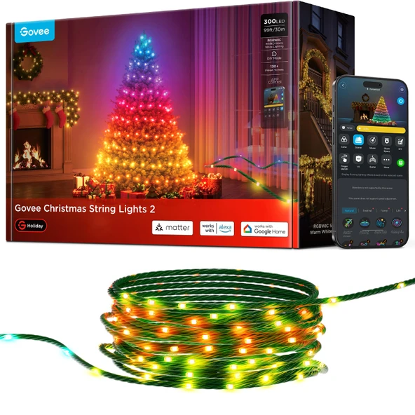 Govee RGBWIC Noel Işıkları, 300 LED Dış Mekan Noel Aydınlatması, Noel Dekorasyonu için 30M Akıllı İç Mekan Peri Işıkları, 130+ Sahne Modu, Şekil Eşleme, Alexa ile uyumlu, Yeşil Kablo ürün görseli 1