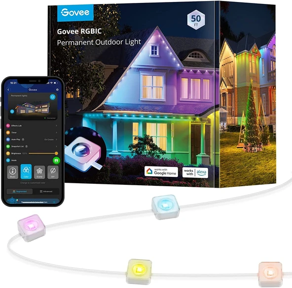 Govee Kalıcı Dış Aydınlatma, 72 Sahne Moduna sahip RGBIC LED Şerit, 36 LED Saçak Işıklı 15m IP67 Parti, Oyun Günü, Günlük Aydınlatma için Su Geçirmez, Alexa ile Çalışma, Google Asistan ürün görseli 1