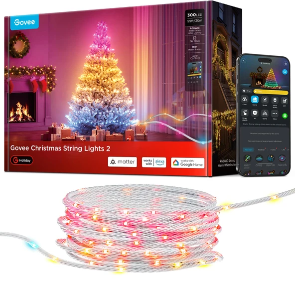 Govee Christmas Lights 2, RGBWIC 99FT 300LEDs Holiday String Işıkları Şekil Mapping Function, Smart LED Cooking for Closed Outdoor Tree, 130+ Preset Sahneleri, Ses ve APP Control, Clear Wire ürün görseli 1