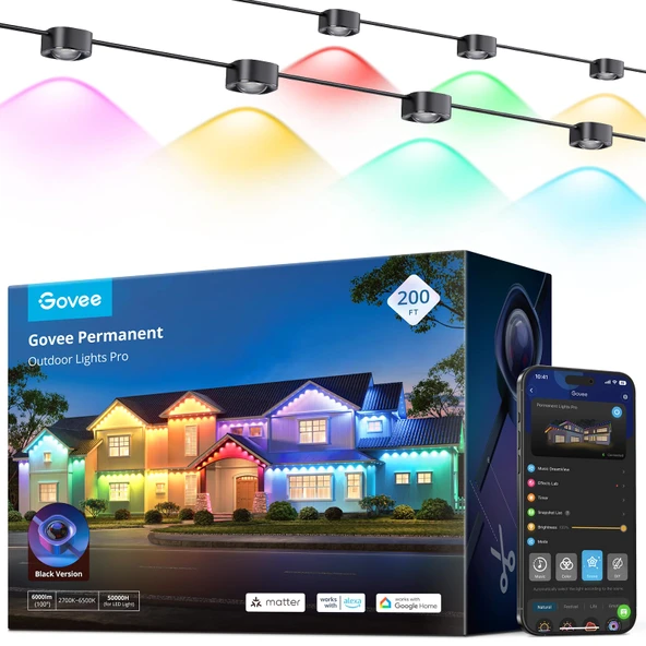 Govee Sürekli Açık Işıklar Pro, Daily ve Accent Aydınlatma için 120 RGBIC LED Işıklar ile 200ft, Açık, IP67 Sular, Alexa ile çalışır, Google Asistan, Madde, Black ürün görseli 1