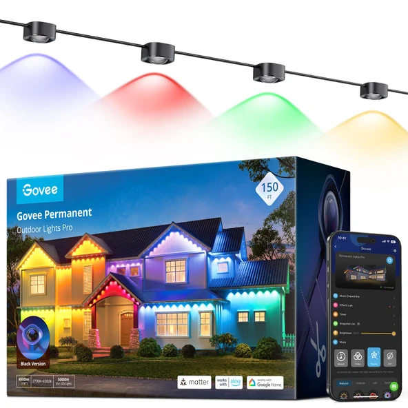Govee Sürekli Açık Işıklar Pro, Daily ve Accent Aydınlatma için 90 RGBIC LED Işıklar ile 150ft, Açık, IP67 Sular, Alexa ile çalışır, Google Asistan, Madde, Black ürün görseli 1