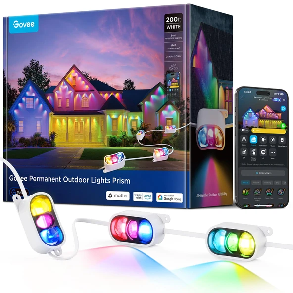 Govee Sürekli Açık Işıklar Prism, 72 Triple-Renk Aydınlatma Heads, 100+ Sahne Modus, Açık Giyim için 60lm, IP68 Su, Alexa ile çalışır, Google Asistan & Matter, White ürün görseli 1