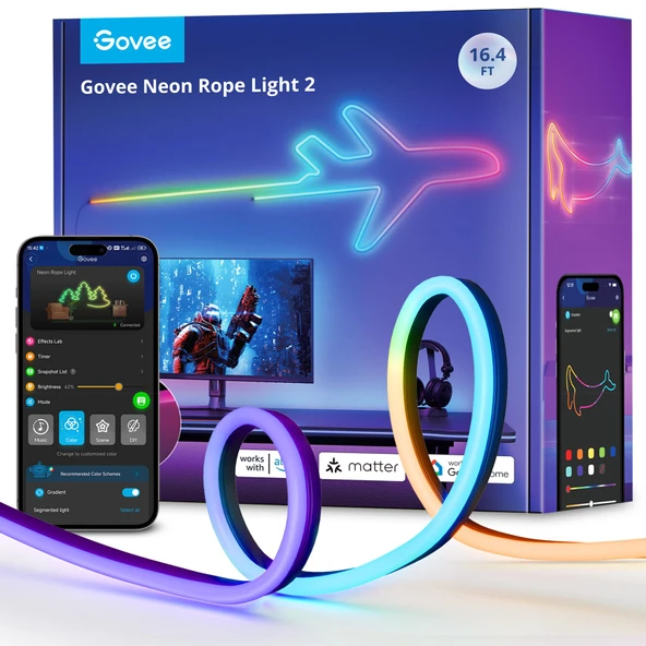 Govee Neon Halat Işık 2, RGBIC Neon LED Şerit 5m, Şekil Haritalamalı, DIY Tasarımı, SmartThings ile uyumlu, Matter, Alexa ve Google Assistant, Oyun Odası Duvar Dekorasyonu için, Siyah ürün görseli 1