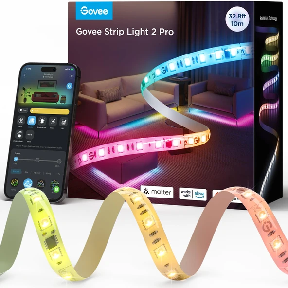 Govee RGBIC Strip Light 2 Pro with Matter, 32.8ft Wi-Fi LED Işıklar Oda, Kabin, Parti, TV ve Oyun Masası, Smart Led Strip Işıklar Alexa ve Google Asistan ile Uyumlu, Home Decor ürün görseli 1