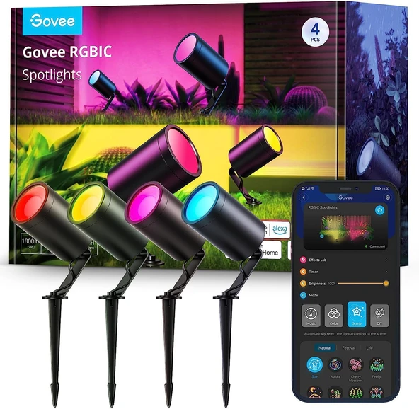Govee Dış Mekan LED spot ışığı, IP65 su geçirmez dış mekan duvar lambası, Alexa ile çalışır, RGBIC bölümlü renk değiştirme, dış mekan için WiFi bahçe spot ışığı, 4'lü paket ürün görseli 1