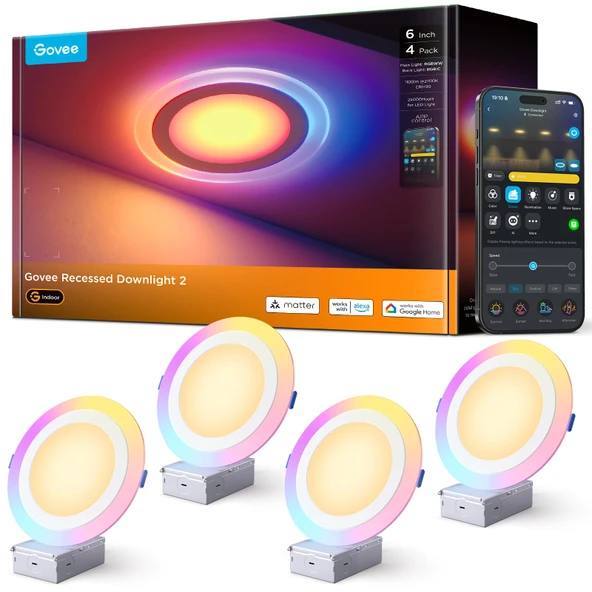 Govee Smart Recessed Aydınlatma 6 Perfect, Matter RGBIC LED Recessed Light Work with Alexa, Google Asistan, Foot 1100LM Canless Downlight with Junction Box for Living Room, Room, Kitchen 4 Pack ürün görseli 1