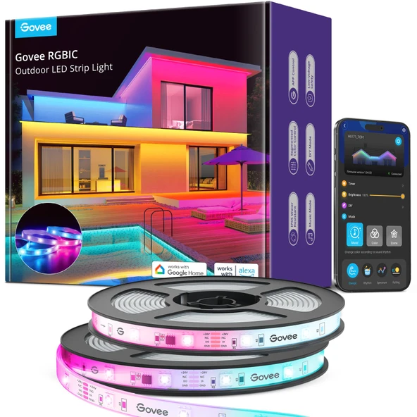 Govee Outdoor LED Strip Işıklar, 65.6ft Smart Led Strip Işıklar Alexa ve Google Asistan ile çalışır, App Control, IP65 Su, RGBIC Açık Işıklar Veranda, Eave, Patio Dekorasyonları ürün görseli 1