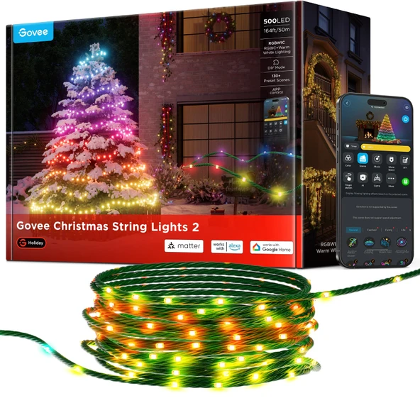 Govee Christmas Lights 2, RGBWIC 164FT 500LEDs String Lights for Holiday Decor, Smart Kapalı Açık LED Dekorasyon Haritalama Fonksiyonları, 130+ Sahne Modları, APP Control, Green Wire ürün görseli 1