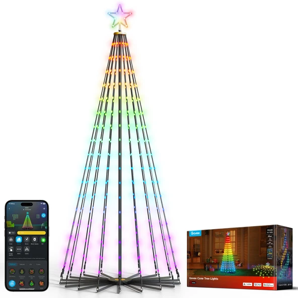 Govee Christmas Cone Tree Lights, 6ft 316 LEDs RGBIC Noel Ağacı Işıkları Smart App Control, IP67 Sular Xmas Dekorasyonları için Açık Yay Işıklar, 82+ Sahne Moduları, Müzik Sen, Siyah Stand ürün görseli 1