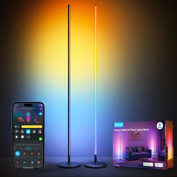 Govee RGBIC Floor Lamp Basic 2Pack, Alexa ile uyumlu, LED Smart Standing Lamp with Voice Control, Color changing Bedside Floor Lamp for Bedroom, Nightstand Corner Lights, Black Black ürün görseli 1