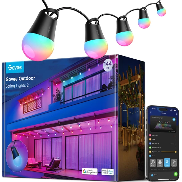 Govee Dış Mekan LED peri ışıkları 2, 16 milyon renk ve 47 sahne moduna sahip 45M kısılabilir RGBICW peri ışıkları, LED başına 100 lm, ömrü 25000 saat, IP65 su geçirmez, Alexa, Google ile çalışır ürün görseli 1