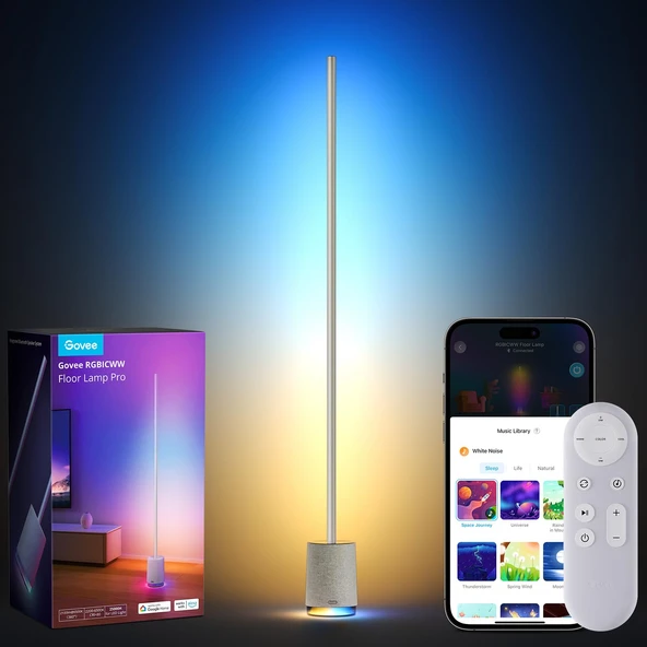 Govee Yer Lambası Pro, 2100 Lümen RGBIC LED Lamba, Bluetooth Hoparlörlü ve Beyaz Gürültülü, Alexa ile Çalışır, 16 Milyon Renk, Müzik Senkronizasyonu, Oturma Odası için Yer Lambası, Gri ürün görseli 1