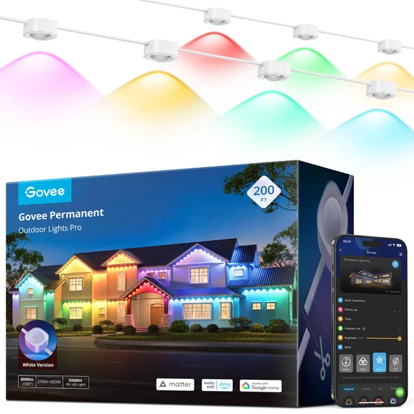 Govee Sürekli Açık Işıklar Pro, Daily ve Accent Aydınlatma için 120 RGBIC LED Işıklar ile 200ft, Açık, IP67 Su, Alexa ile çalışır, Google Asistan, Madde, White ürün görseli 1
