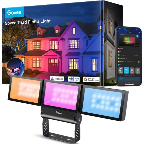 Govee Triad Açık Taşları, 48W 4500LM RGBIC 3 Head Güvenlik Işıkları, 2700-6500K, IP66 Su, Akıllı WiFi Açık Işıklar Garaj için App Kontrolü, Yard, Porch, Alexa ile Uyumlu ürün görseli 1