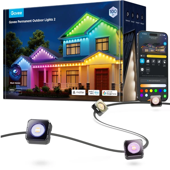 Govee Sürekli Açık Işıklar 2, 100ft RGBIC Açık Işıklar 72 LED Işıklar, IP67 Sular, 100 Sahne Modus with 40lm Açık Dekorasyonlar için Beyaz, Alexa ile çalışır, Google Asistan, Black ürün görseli 1