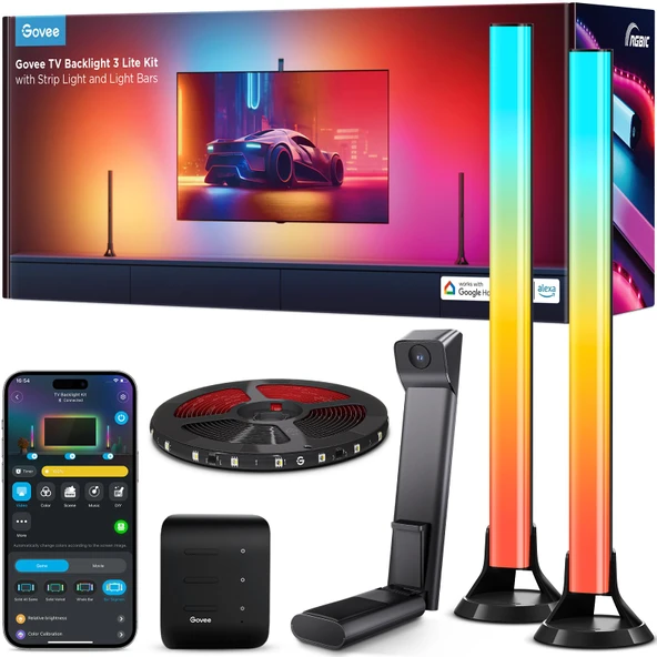 55-65 İnç TV'ler için Govee TV Arka Aydınlatma 3 Lite Kiti, 3,6 m RGBICW WiFi LED Şerit, Kamera ve 1 Lamba Boncukunda 4 Renkli 15 İnç Akıllı Işık Çubuğu, Alexa ve Google Home ile çalışır ürün görseli 1