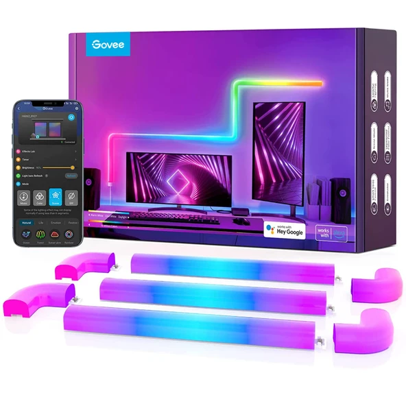 Govee Glide RGBIC LED Duvar Işıkları, Music Sync Home Decor LED Light Bar for Game TV Bedroom Streaming, Multicolor Customizable, Işıklar, 4 Corners ile 8 Adet ürün görseli 1