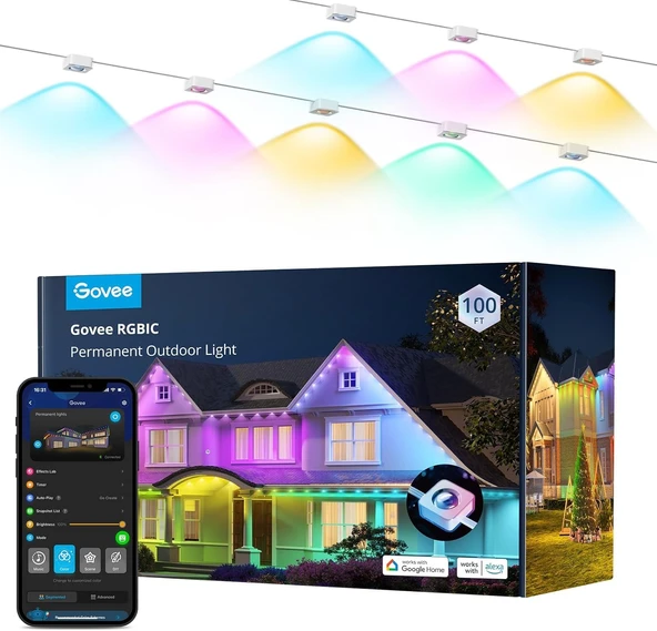 Govee Kalıcı Dış Mekan Aydınlatma, 72 Sahne Modlu RGBIC LED Şerit, 72 LED Saçak Işıklı 30m IP67 Parti, Oyun Günü, Günlük Aydınlatma için Su Geçirmez, Alexa ile Çalışma, Google Asistan ürün görseli 1