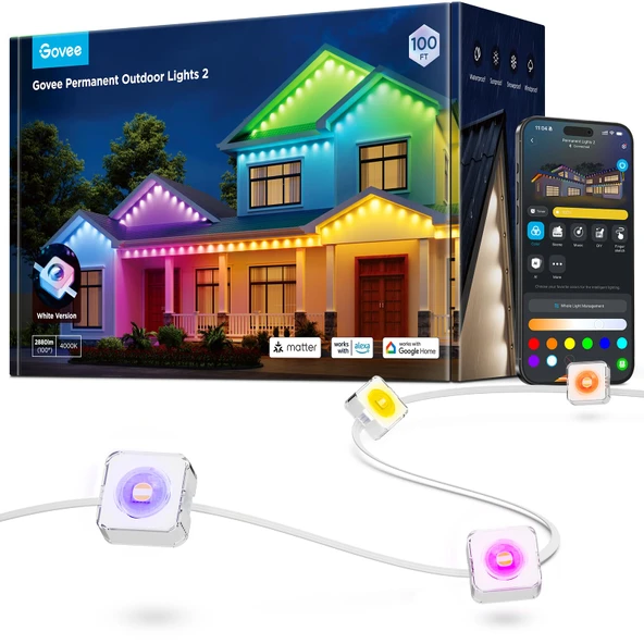 Govee Sürekli Açık Işıklar 2, 100ft RGBIC Açık Işıklar 72 LED Işıklar, IP67 Sular, 100 Sahne Modus with 40lm Açık Dekorasyonlar için Beyaz, Alexa ile çalışır, Google Asistan, White ürün görseli 1