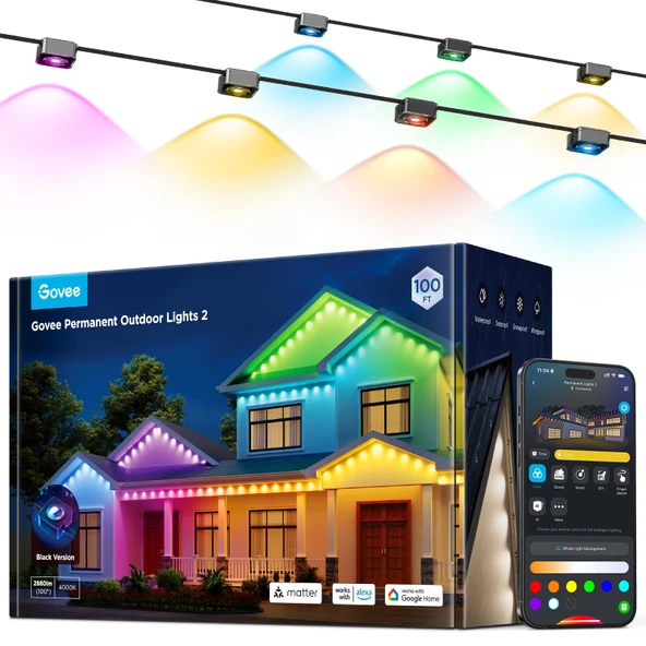 Govee Sürekli Açık Işıklar 2, 150ft RGBIC Açık Işıklar 108 LED Işıklar, IP67 Sular, 100 Sahne Modus with 40lm Açık Dekorasyonlar için Beyaz, Alexa ile çalışır, Google Asistan, Black ürün görseli 1