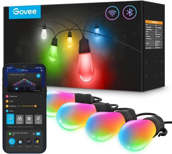 Govee Dış Mekan Peri Işıkları 30M, Akıllı LED Wifi RGBICW Ampuller, IP65 Su Geçirmez, Alexa ve Google Assistant ile Çalışır, Uygulama Kontrolü, 47 Sahne Modu, 30 LED Dış Mekan Işığı ürün görseli 1