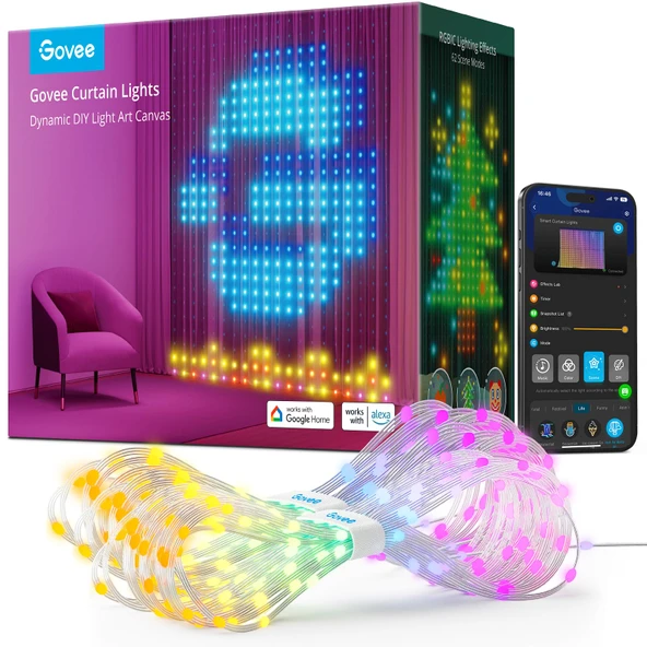 Govee Perde Işıklar, Akıllı LED Renk Değiştiren Duvar Işıkları, Dinamik DIY Bahçeleri Yatak Odası Tatil Dekorasyonu, Açık IP65 Sular,4.9x6.6ft, 520 RGBIC LED LED ürün görseli 1