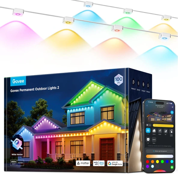 Govee Sürekli Açık Işıklar 2, 150ft RGBIC Açık Işıklar 108 LED Işıklar, IP67 Sular, 100 Sahne Modus with 40lm Açık Dekorasyonlar için Beyaz, Alexa ile çalışır, Google Asistan, White ürün görseli 1