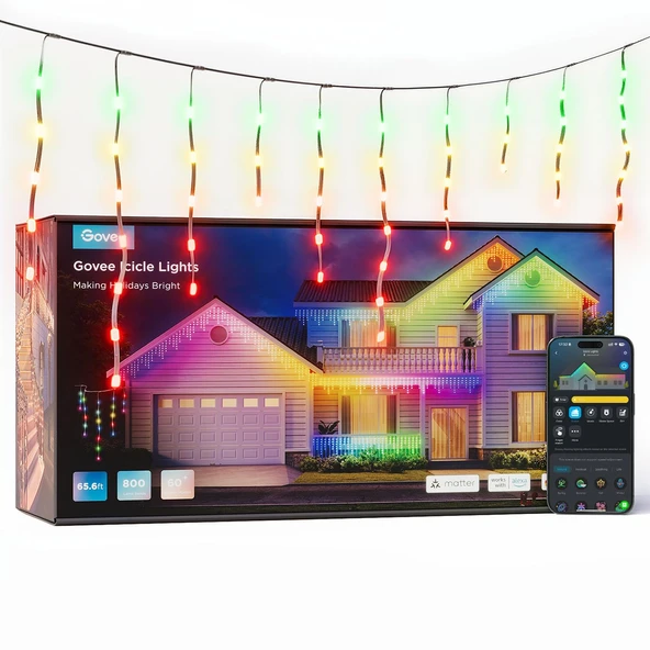 Govee Icicle Peri Işıkları, 20M RGBIC LED Peri Işıkları Dış Mekan, 800 LED Cadılar Bayramı Dekoru için 78+ Modlu Akıllı LED Noel Işıkları, IP65 Su Geçirmez, Alexa ve Google Assistant ile uyumlu ürün görseli 1