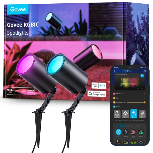 Govee Dış Mekan LED spot ışığı, IP65 su geçirmez bahçe spot ışığı, Alexa ile çalışır, RGBIC renk değiştirme, 16M renk kısılabilir 500lm, bahçe için WiFi LED dış mekan spot ışığı, 2'li paket ürün görseli 1