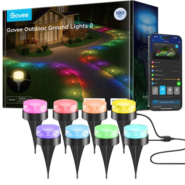 Govee Outdoor Ground Lights 2, 100ft for Patio Cookings, 30 Pack RGBIC Pathway with 100LM Warm White, IP67 Water for Garden, Splitter Tools, Works with Alexa, Google Asistan ürün görseli 1