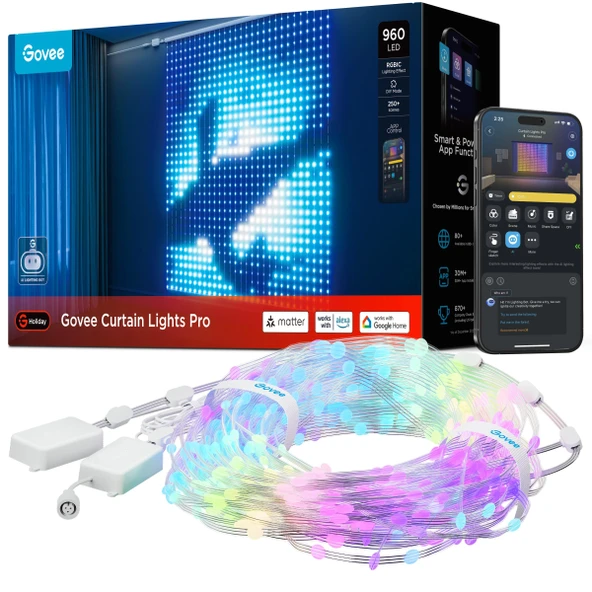 Govee Perde Işıklar Pro, Yükseltilmiş 960 LED Akıllı Renk Değiştiren LED Perde Işıkları AIGC, Dynamic DIY Işıklar for Bedroom Living Room Holiday, Outdoor IP67 Su, 5.41×5.77ft ürün görseli 1