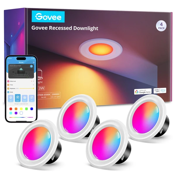 Govee Smart Retrofit Recessed Aydınlatma 4 inç, Wi-Fi Bluetooth Doğrudan Connect RGBW Retrofit Işıklar, 65 Sahne Modus, Alexa & Google Asistan ile çalışır, 800 Lumens, 4 Pack ürün görseli 1