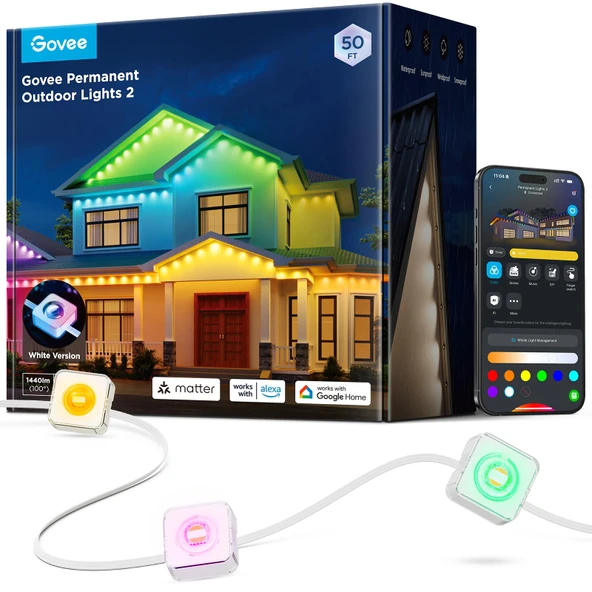 Govee Sürekli Açık Işıklar 2, 50ft RGBIC Açık Işıklar 36 LED Işıklar, IP67 Sular, 40lm ile 100 Sahne Modları Açık Dekorasyonlar için Beyaz, Alexa ile çalışır, Google Asistan, White ürün görseli 1