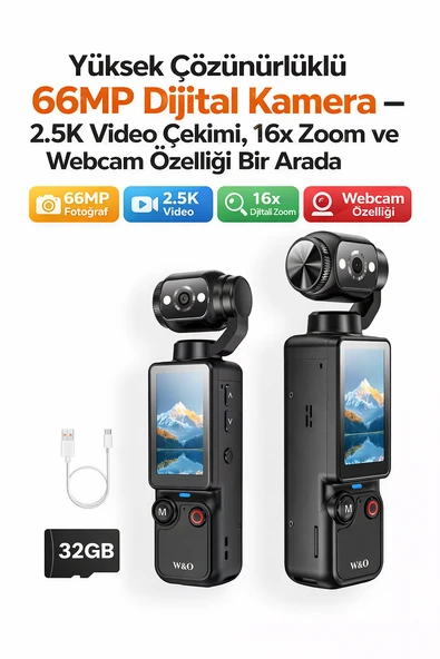 Yüksek Çözünürlüklü 66MP Dijital Kamera 2.5K Video Çekimi, 16x Zoom ve Webcam Özelikli Taşınabilir ürün görseli 1