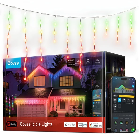 Govee Icicle Işıklar, Smart RGBIC Noel Işıkları dış için 800 LED Icicle Light for Outdoor, IP67 Su, Music Sync, Voice Control, 78+ Sahne Modu, 2 Rolls 33ft ürün görseli 1
