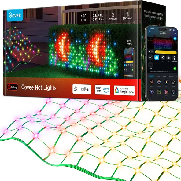 480 LED'li Çalılar için Govee Hafif Zincir Ağı, Çeşitli Modlara Sahip 0,87×2,9M Dış Mekan Akıllı Işık Ağı, Çalılar için DIY Fonksiyonu, Çim Dekoru, Matter Alexa ile Uyumlu, IP67 Su Geçirmez ürün görseli 1