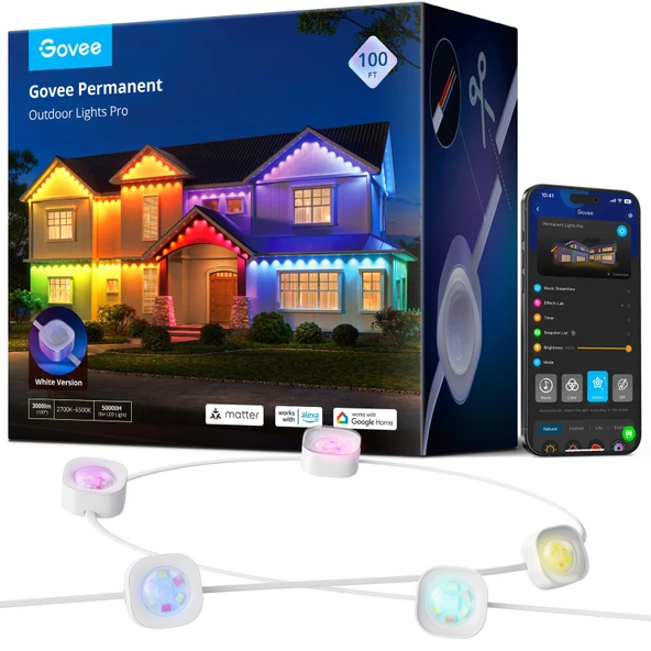 Govee Sürekli Açık Işıklar Pro, 100ft ile 60 RGBIC LED Işıklar Daily ve Accent Aydınlatma için 75 Sahne Modları, IP67 Su, Alexa ile çalışır, Google Asistan, Madde, White ürün görseli 1