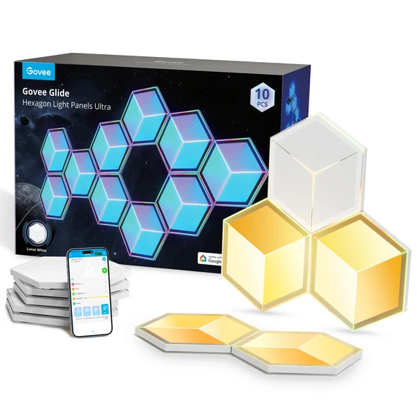 Govee Glide Hexagon Light Panel Ultra, 3D Walllight with DIY, RGBIC LED Oyun Işıkları Duvar için LED Işıklar, 129 Lamp Beads ile Kurulum, Alexa ile Çalış, 10 Pack, Ay White ürün görseli 1