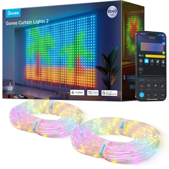 Govee Perde Işıklar 2, Smart LED Perde Işık DIY GIF AIGC, 1040 LEDs, RGBIC Color Değişen Noel Işıkları Holiday Odalar Pencere Dinamik Dekorasyon, Açık IP65 Sular, 9.8×6.6ft ürün görseli 1