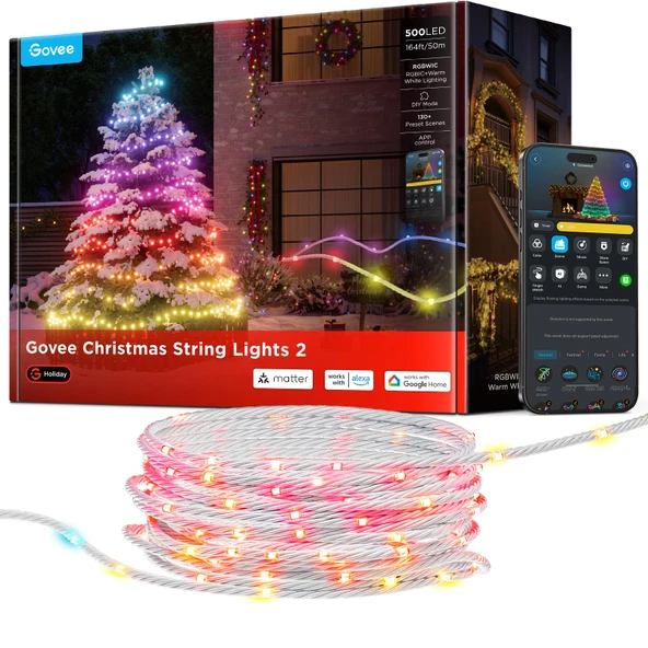 Govee Christmas Lights 2, RGBWIC 164FT 500LEDs String Lights for Holiday Decor, Smart Kapalı Açık LED Dekorasyon Haritalama Fonksiyonları, 130+ Sahne Modları, APP Control, Clear Wire ürün görseli 1