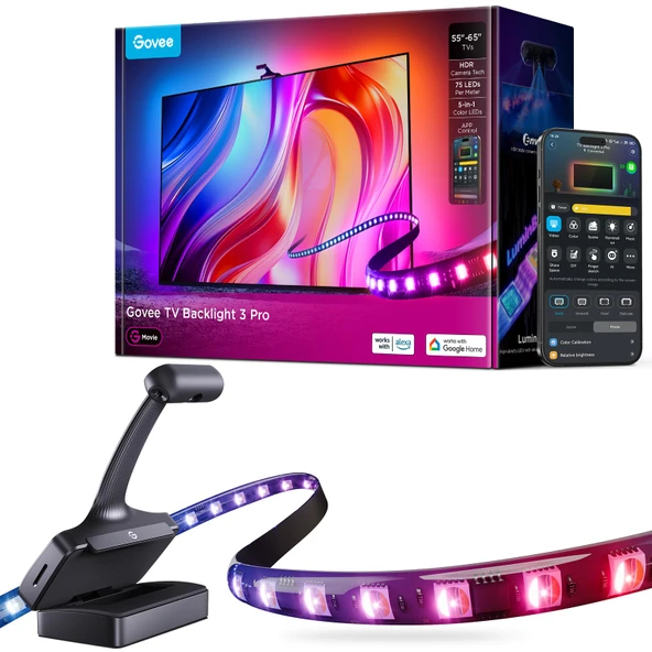 Govee TV Arka Işık 3 Pro, HDR Üçlü Kamera ile, 3,6M 5'i 1 Arada RGBWWIC TV LED Şeridi, 55-65 İnç TV'ler için, 75 LED/M, AI Filtresini, Ses ve APP Kontrolünü Destekler DreamView Sync ürün görseli 1