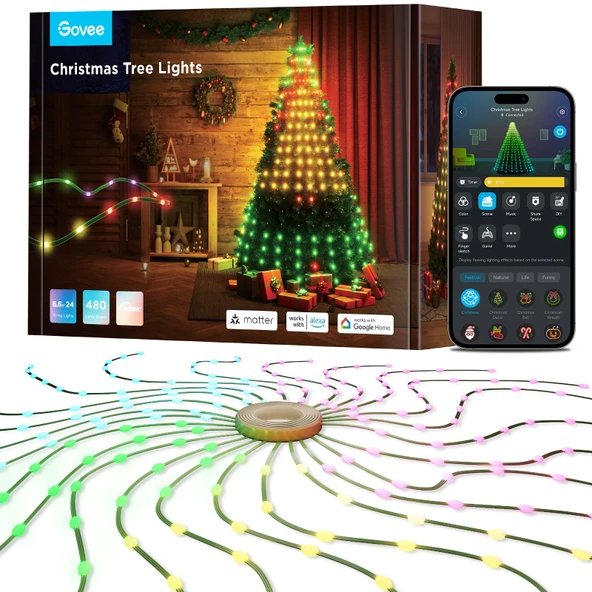 Govee Noel Ağacı Işıkları, Smart RGBIC 480 LEDs Noel Işıkları, 6.6ft × 24 String Işıklar Tatil Dekorasyonları, Müzik Sen, Ses ve APP Control, 60+ Sahne Modus, Green Wire, Adaptör ürün görseli 1