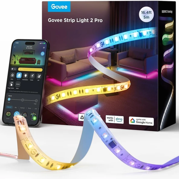 Govee LED Şerit Işığı 2 Pro 5m, Beyaz ışıklı Akıllı RGBIC, LED şerit Matter, Alexa ve Google Assistant ile çalışır, DIY renk, müzik senkronizasyonlu uygulama kontrolü, oturma odası, yatak odası için ürün görseli 1