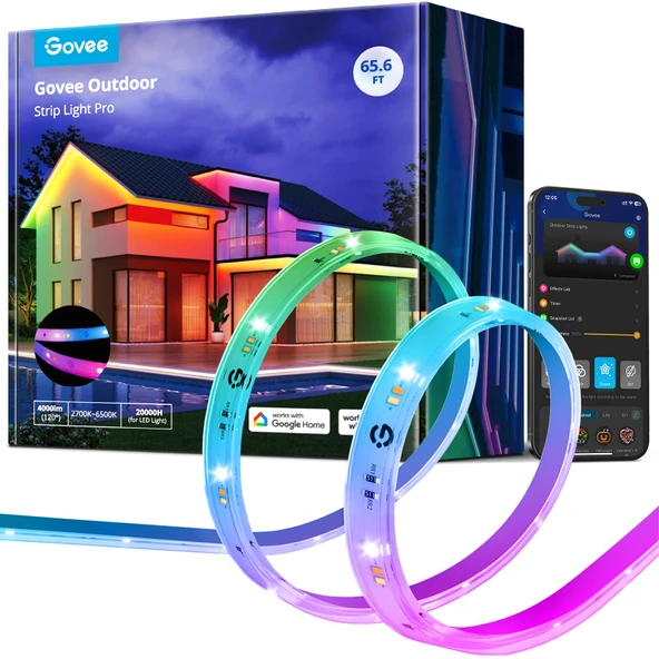 Govee Outdoor LED Strip Işıklar Minimal ve Soğuk Beyaz, 65.6ft 2.4G WiFi Akıllı Açık Işıklar, IP65 Sular, Alexa ve Google Asistan, App Control, For Porch, Patio, Eave, Party ürün görseli 1