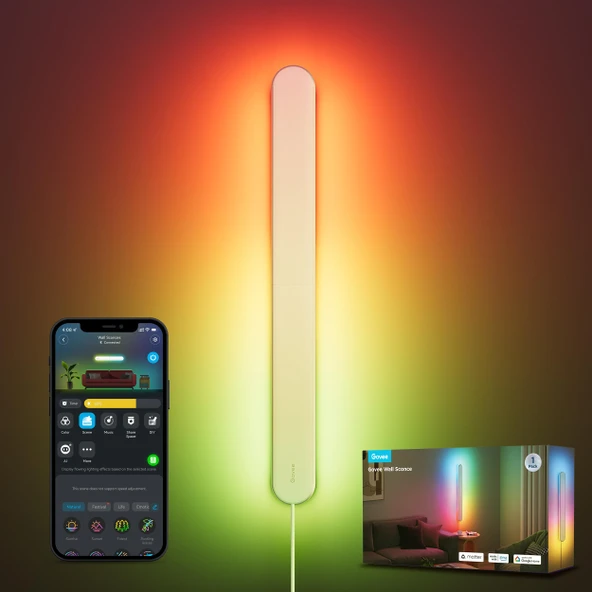 Govee Wall S, Smart RGBIC Walllight, Matter & Alexa ile çalışır, Music Sync, Wall Mount Light Plug in, ColorChange, Modern Room Light for Living Room Room Hallway, 1 Pack ürün görseli 1