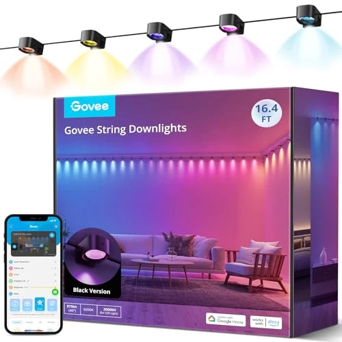 Govee RGBIC String Downlights, Smart LED String Işıklar Alexa ile çalışır, Wi-Fi Renkli Değişen Kapalı Duvar Işığı Parti için Açıklama, 25 LED ile 16.4ft, Müzik Sen, Siyah LED ürün görseli 1