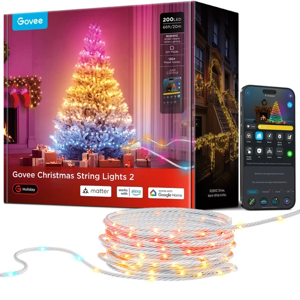 Govee RGBWIC Noel aydınlatması 20 m, Noel ağacı için 200 LED'li açık ve kapalı Noel ışık zinciri, 130'dan fazla sahne modu, şekil eşleme, uygulama kontrolü, Matter ile uyumlu, şeffaf kablo ürün görseli 1