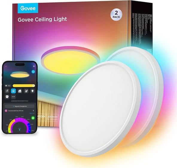 Govee Tavan Işığı RGBIC Smart, 24W Ø30cm LED Tavan Işığı Kısılabilir, 16 Milyon Kendin Yap Renkli LED Tavan Lambası, Alexa ve Google Assistant ile uyumlu, Yatak Odası için, 2'li Paket ürün görseli 1