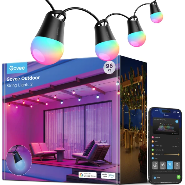 Govee Dış Mekan LED peri ışıkları 2, 16 milyon renk ve 47 sahne moduna sahip 30M kısılabilir RGBICW peri ışıkları, LED başına 100 lm, ömrü 25000 saat, IP65 su geçirmez, Alexa, Google ile çalışır ürün görseli 1